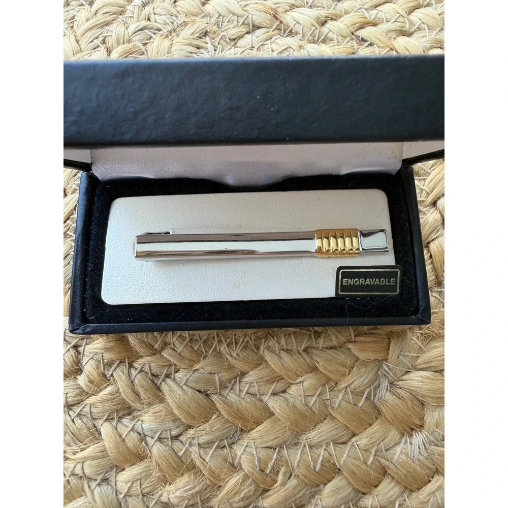 Yves Saint Laurent Tie Clip Bar Engravable Silver Gold New Mens Suit Wedding